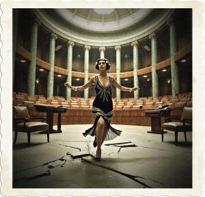 Picture of a flapper in large expansive council chambers, empty save for her. The flapper is holding on to the furniture as the room shakes as though she were in an earthquake. Located in an opulent art-deco space, clothing and styles appropriate for 1925 high class United States.