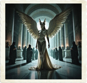 A dramatic, high-contrast, cinematic photograph of a majestic harpy, sourced from ancient lore and legend, set amidst a grand, dimly lit, expansive marble hall with sweeping arches and ornate columns. The harpy, with piercing green eyes, delicate feathered wings, and awoman's torso, stands regally, her smooth, alabaster skin glistening in the faint light. She is surrounded by a group of hooded figures, their faces obscured, clad in dark, tattered robes, evoking an air of mystery and foreboding. The atmosphere is tense, with shadows cast dramatically across the walls, while the marble floor reflects the faint, flickering torchlight, casting an eerie glow. The overall mood is ominous, with hints of ancient mysticism and forgotten knowledge.