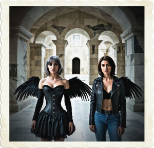 Brunette with grey eyes, black corset and skirt, and large black feathered wings and A brunette with brown eyes, blue jeans, leather jacket. They are faced three large stone arched entrances. Marble walls and floor, vaulted ceilings, appears to be a maze.
