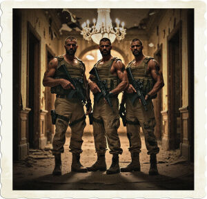 a cinematic photo of three battle-hardened men standing shoulder to shoulder, their rugged features and stone-cold gazes emanating a sense of tension, in the midst of a decrepit, narrow hallway of a once-opulent hotel, its lavish chandelier hangs crookedly from the ceiling, surrounded by peeling wallpapers and shattered mirrors, while wearing tattered, earth-toned civilian clothing, their scuffed combat boots, tactical gloves, and holstered weapons reveal their true identities as soldiers, the dim, warm lighting casting dramatic shadows on their rough, unshaven faces, with prominent facial features, weathered skin, and a mix of fatigue and determination etched on their brows, set against a backdrop of crumbling luxury, evoking a sense of foreboding and unease.