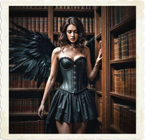 a cinematic photo of a brunette woman with expressive brown eyes and smooth olive skin wearing a tight black corset, a flowing black skirt, and large black feathered wings attached to her back, half of her body seamlessly merged into a solid wooden bookshelf filled with old leather bound books with gold lettering, located in a large dimly lit library with a high ceiling and rows of bookshelves, the atmosphere is mystical and dreamy, photography style is moody and dramatic with deep shadows and soft lighting.