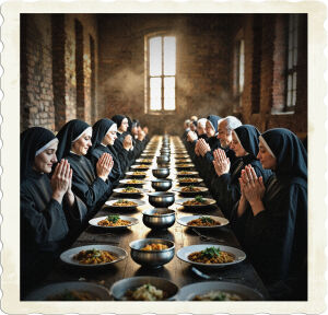 a cinematic photograph of a solemn yet intimate scene where a group of nuns and monks, ranging from youthful to elderly with gentle wrinkles, are seated along the lengths of long, dark wood tables, their hands clasped together in unison as they say grace, surrounded by steaming plates of simple yet nourishing meals before them, set against the rustic backdrop of a sparsely populated dining hall with worn, earthy-toned brick walls that exude a sense of warmth and contemplation, the atmosphere illuminated by the soft, golden light pouring in through the tall, narrow windows, casting a gentle glow on the serene gathering.