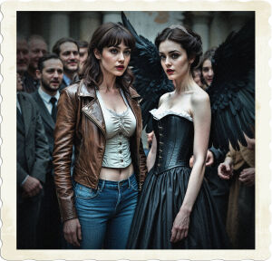 A brunette with brown eyes, blue jeans, leather jacket, and a light shit. Standing besides a brunette with grey eyes, black corset and skirt, and large black feathered wings. A crowd is facing them, their tongues wagging at their presence. Their clothes looked to be hand-me downs of a 1900s religious orders clothing.