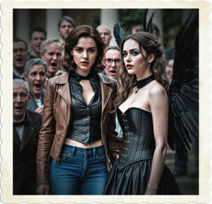 A brunette with brown eyes, blue jeans, leather jacket, and a light shit. Standing besides a brunette with grey eyes, black corset and skirt, and large black feathered wings. A crowd is facing them, their tongues wagging at their presence. Their clothes looked to be hand-me downs of a 1900s religious orders clothing
