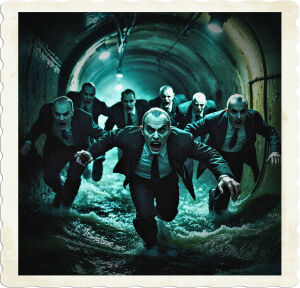 a dramatic, high-contrast, cinematic photograph of a group of frightened vampires, with pale complexions, sharp fangs, and dark attire, sprinting in terror through the cramped, dimly lit sewer tunnel, as the water level rapidly rises, swirling with dirty, murky liquid, and debris, with a hint of mist, illuminated by faint, flickering luminescent lights, casting eerie shadows on the wet walls, as the sound of a toilet flushing echoes in the background, with the vampires' frantic expressions, showcasing fear, panic, and desperation, their eyes wide with terror, their faces distorted in horror, as they desperately try to escape the incoming deluge.