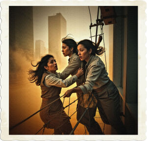 A dramatic, high-contrast cinematic photograph of three women, varying in age and ethnicity, with concerned expressions, clinging to each other as a wobbly window cleaning platform sways precariously outside a sleek, modern high-rise building, set against a vibrant, warm orange fog that envelops the urban landscape, obscuring the sun, with the fog's misty tendrils creeping into the frame, adding to the sense of tension and unease, the women's clothing and hair disheveled by the wind, their skin tones ranging from porcelain to caramel, with defined facial features and subtle makeup, as they struggle to maintain their balance, their eyes fixed on the platform's fragile cables, with the cityscape's steel and concrete giants looming in the background, softened by the fog's eerie glow.