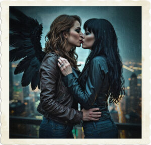 Young brunette woman with black feathered wings, wearing a leather jacket and jeans is kissing a  black haired female vampire with green eyes. The kiss is passionate and tender. Located at the top of a skyscraper in the rain with the city alight in the background.
