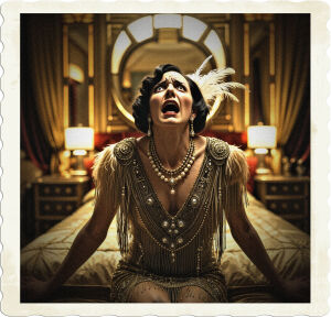 a dramatic, high-contrast cinematic photograph of a distressed flapper, dressed in extravagant attire with intricate beading, fringe, and feathers, her face contorted in anguish as if an unseen force is attempting to emerge from within, set against the lavish backdrop of an opulent art-deco bedroom adorned with ornate mirrors, velvet drapes, and intricate geometric patterns, with a warm, golden lighting that accentuates the sense of luxury and foreboding, capturing the essence of 1925 high-class United States, with the flapper's skin a porcelain-like complexion, her dark hair styled in tight, fashionable curls, and her eyes wide with fear, her beaded necklace and earrings glinting with a faint, eerie light.