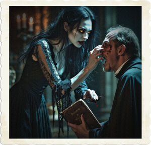 a dark, moody, and highly contrasted cinematic photo of a mysterious female vampire, dressed in a long, flowing black gown with torn lace and tattered edges, her porcelain skin deathly pale, her eyes blazing with an otherworldly intensity, her raven-black hair disheveled and wild, as sheTower dominantly over a hapless priest, his worn, pious face twisted in terror, clutching a worn leather-bound bible, while the vampire's pale, delicate hand grasps the priest's throat, her long, razor-sharp nails digging into his skin, the dimly lit atmosphere shrouded in shadows, with hints of crimson and gold accents, evoking a sense of foreboding and dark drama, captured in a shallow depth of field, with the vampire's face in sharp focus, and the priest's face slightly blurred, emphasizing the vampire's malevolent power.