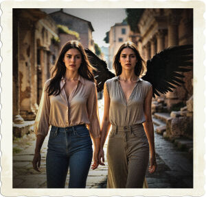 a cinematic, high-contrast photograph of two brunettes, one wearing fitted blue jeans and a lightweight, pastel-colored blouse with a relaxed collar, her dark hair cascading down her back, walking alongside another brunette with an ethereal, porcelain-like complexion, grey eyes that seem almost silver in the right light, and majestic, large black feathered wings sprouting from her back, which are slightly ruffled as if she's about to take flight, as they stroll through the ancient, sun-drenched streets of a Roman city, with worn stone pavement, ornate fountains, and crumbling architecture, bathed in a warm, golden light that accentuates the textures and adds a sense of nostalgia and timelessness to the scene.