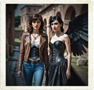 A brunette with brown eyes, blue jeans, leather jacket, and a light shit. Walking next to a brunette with grey eyes, black corset and skirt, and large black feathered wings. Located in a pristine Roman City.