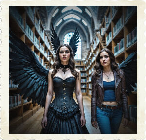 Brunette with grey eyes, black corset and skirt, and large black feathered wings and A brunette with brown eyes, blue jeans, leather jacket. As they approached the library, the immensity of the room became apparent. The shelves were so tall that there was a platform at the half-way mark along with ladders for each level. The ceiling itself was vaulted for additional strength.