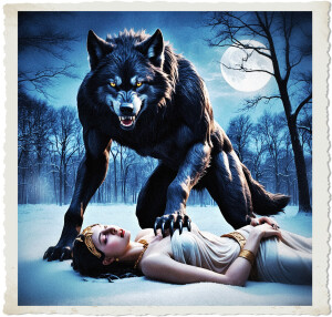 A towering, photo-realistic black furred werewolf with piercing yellow eyes and razor-sharp claws stands menacingly over a distressed Roman goddess, her alabaster skin illuminated by the soft, silver glow of the full moon hanging low in the dark winter sky. The werewolf's fur is matted and wet, its ears pointed and alert, as if listening for any sign of escape from the goddess, who lies helpless at its paws. The forest floor is blanketed with a thick layer of untouched snow, the trees' bare branches stretching towards the sky like skeletal fingers, while the air is crisp and cold, the mist of the goddess's breath visible in the chill air. The goddess's classical features are twisted in a mix of fear and defiance, her marble-like skin gleaming with a subtle sheen, her golden jewelry glinting dully in the moon's pale light.