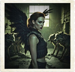 a moody, high-contrast cinematic photograph of a brunette woman with porcelain skin, angular facial features, and piercing emerald-green eyes, wearing a black tactical vest with silver accents, and majestic black feathered wings sprouting from her back, standing fearless and proud, facing off against a pack of snarling, slavering werewolves with razor-sharp claws and teeth, in the dimly lit, decrepit, and abandoned mining complex, with walls covered in cobwebs, old rusty mining equipment, and debris, against the faint warm glow of dawn, casting long ominous shadows across the room, in a tense, dramatic, and suspenseful moment, captured in a wide-angle shot, with a shallow focus, and a subtle film grain.