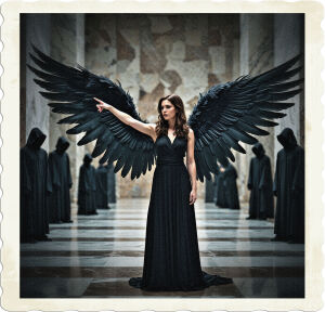 Brunette with large black feathered wings, is pointing out a wing and asking who else other than an angel would have them. Located in a large expansive marble hall and is surrounded by hooded figures.