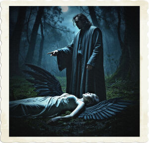 A dramatic, low-key lit photograph of a man clad in a long, billowy robe, his face etched with a mix of sorrow and resolve, as he stands amidst the haunting shadows of the deep woods at night, his outstretched hand pointing accusingly at a woman with dark, sleek black wings splayed out around her, her body lying lifeless on the dewy forest floor, her porcelain skin illuminated only by the faint, ethereal glow of the moonlight filtering through the canopy above, the atmosphere thick with an air of mystery and foreboding.