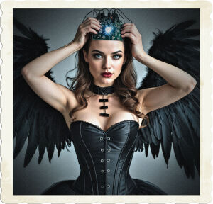 Brunette with grey eyes, black corset and skirt, and large black feathered wings tucked in. A mad scientist has the top of her head opened up and is fiddling with the circuits to her electronic brain.