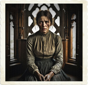 a cinematic, high-contrast black-and-white photograph of a worn and weary woman sitting in a dimly lit, ornate confessional, its rich wooden tones and intricate carvings evoking a sense of nostalgia and secrecy. Her brown hair is disheveled, framing her pale, heart-shaped face, with prominent cheekbones and a pointed chin, and grey eyes that appear sunken, red-rimmed, and heavy with fatigue. Her skin has a warm, golden undertone, weathered from time spent outdoors in the harsh Canadian coastal mining town environment. She's dressed in attire fitting for 1915, with a high-neckline, long-sleeved blouse, and a long, dark skirt, all slightly tattered and faded, conveying a sense of hardship and desperation. The atmosphere is somber, with shafts of soft, diffused light peeking through the confessional's latticework, casting eerie shadows on her face, and emphasizing the emotional weight of her words.
