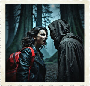 a moody, high-contrast, cinematic portrait of a young, olive-skinned woman, with dark, wavy brown hair and piercing brown gaze, donning a black, worn leather jacket, paired with a bright, fire-engine red backpack, her facial expression intense, yelling defiantly at a menacing figure clad in a tattered, dark brown hooded robe, his face obscured, set against the eerie, mist-shrouded atmosphere of a dense, primeval forest at night, with towering trees, their trunks and branches like nature's cathedrals, illuminated only by faint, diffused, silver moonlight, emphasizing dramatic shadows, textures, and the intense emotional confrontation between the two figures.