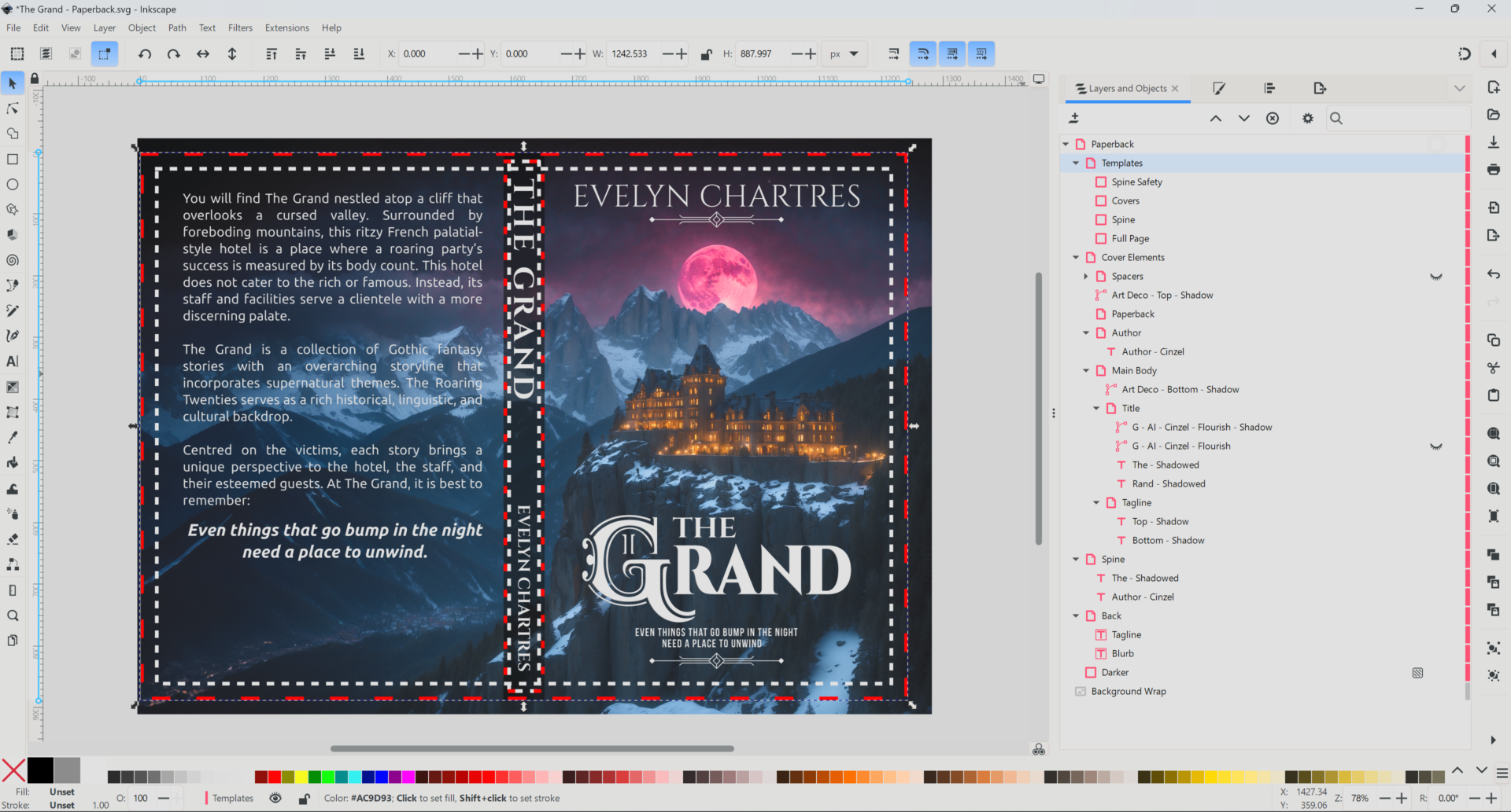 Screen capture of an Inkscape workspace featuring The Grand's paperback cover by Evelyn Chartres.
