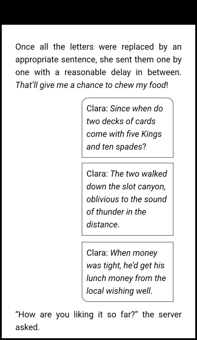 Excerpt from The Van Helsing Impetus by Evelyn Chartres. Shows an example of advanced text messaging formatting for an EPUB.